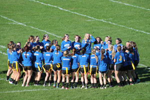 The senior girls get pumped up for the 2013 powder puff football game. Unfortunately, the senior girls lost to the juniors, 14-0. 