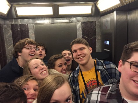 Nathan Kelleher, Sabrina Fleege, Katie Anderson, Olivia Nuti, Dorothy Jo Oberfoell, Blake Derby, Luke Kelly, ‘15, and Aidan McSperrin, ‘17, take the ride up to the 86th floor of the Empire State Building.   