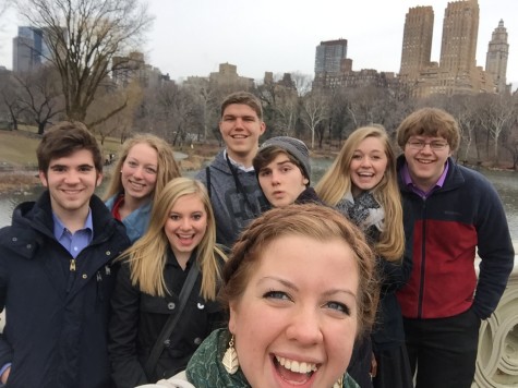 Jackson Mulgrew, Katie Anderson, Delaney Bounds, Blake Derby, Mackenzie Kuhl, Aidan McSperrin, Elizabeth Leigh, and Nathan Kelleher pose for a picture as they walk around Central Park on Friday morning. 