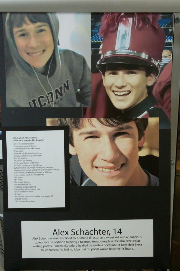Alex Schachter, 21, is remembered in a poster placed in the lobby of Wahlert.