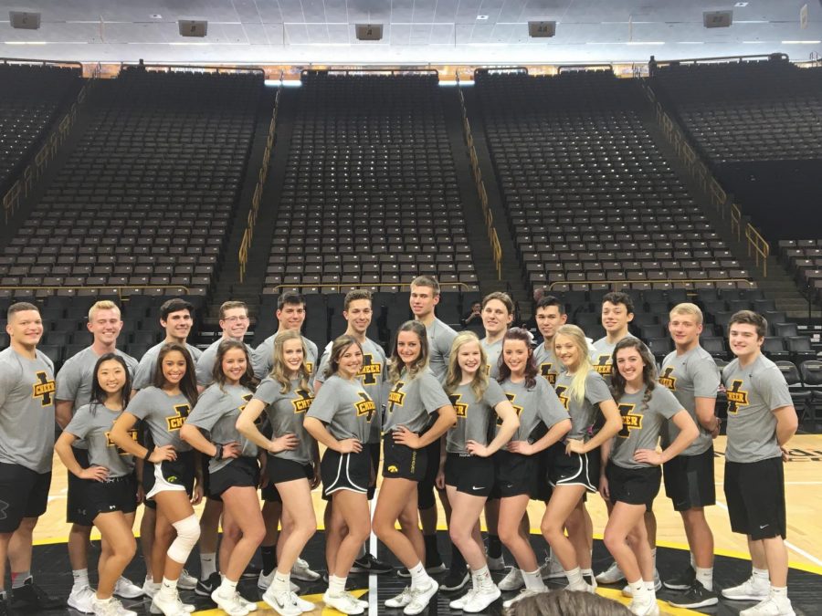 The 2018 University of Iowa Spirit Squad poses for a photo (Brosius front row, far right).